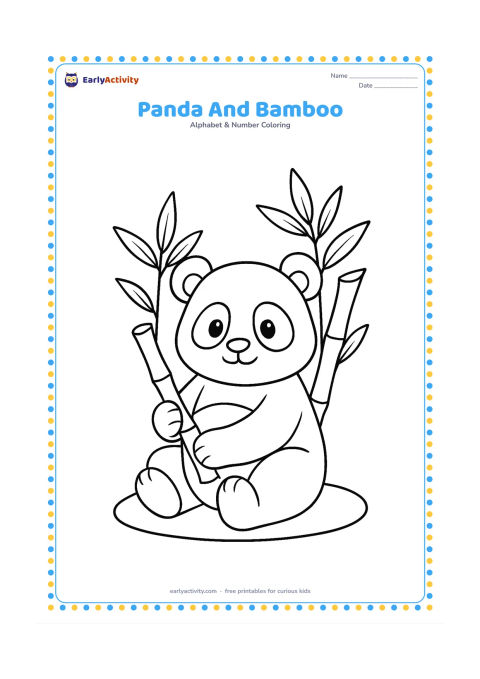 Colouring page: Draw a seated panda holding one bamboo stalk, with two more bamboo stems behind it. Add a few broad bamboo leaves and a rounded ground patch.