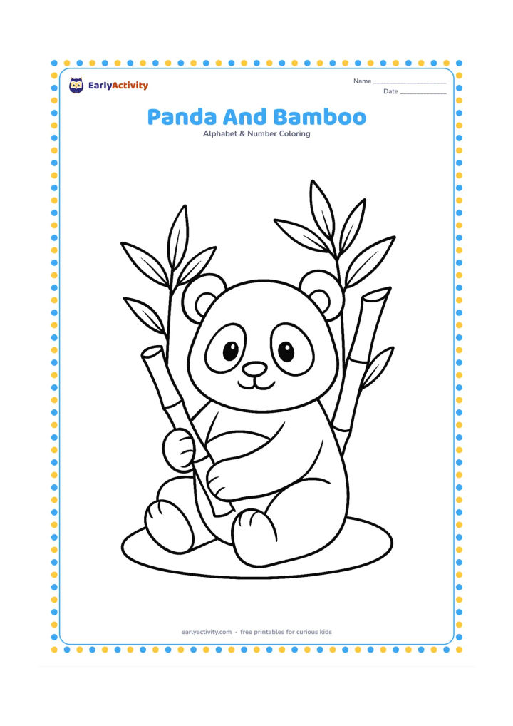 Colouring page: Draw a seated panda holding one bamboo stalk, with two more bamboo stems behind it. Add a few broad bamboo leaves and a rounded ground patch.