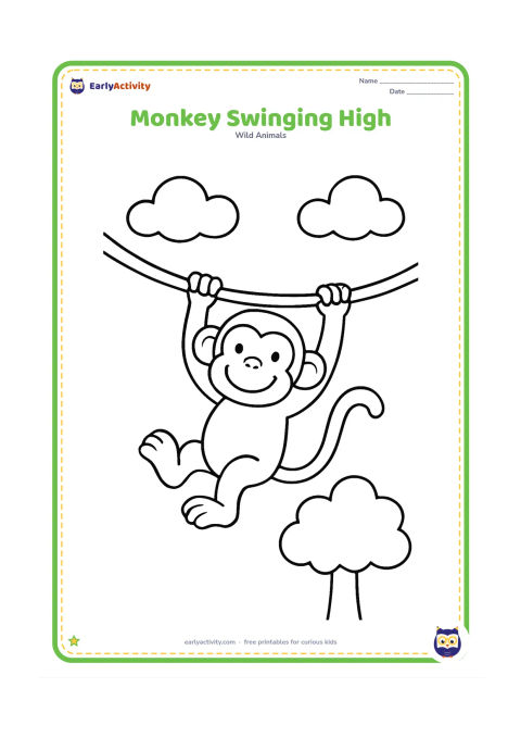 Colouring page: Draw one smiling monkey swinging from a single curved vine, with its arms holding the vine and legs lifted. Add two large clouds and a simple treetop below.