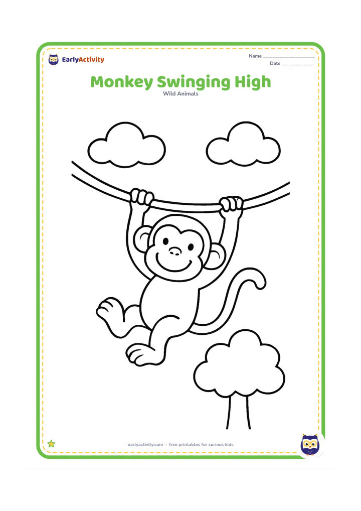 Colouring page: Draw one smiling monkey swinging from a single curved vine, with its arms holding the vine and legs lifted. Add two large clouds and a simple treetop below.