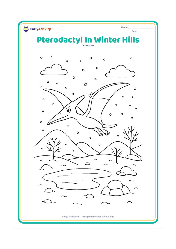 Colouring page: Draw a pterodactyl soaring above snowy rounded hills with bare trees, icy rocks, a frozen pond and soft falling snow. Keep the scene bright and peaceful rather than cold or threatening.