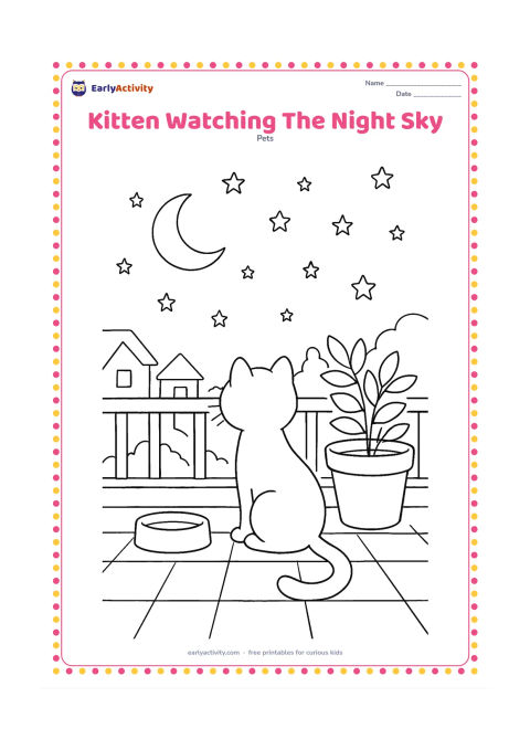 Colouring page: A kitten sits on a safe rooftop terrace beside a planter, gazing through an open railing at the moon, stars and distant houses. Include a water bowl, low wall and gentle cast shadows.