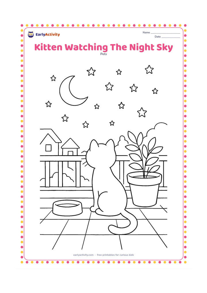 Colouring page: A kitten sits on a safe rooftop terrace beside a planter, gazing through an open railing at the moon, stars and distant houses. Include a water bowl, low wall and gentle cast shadows.