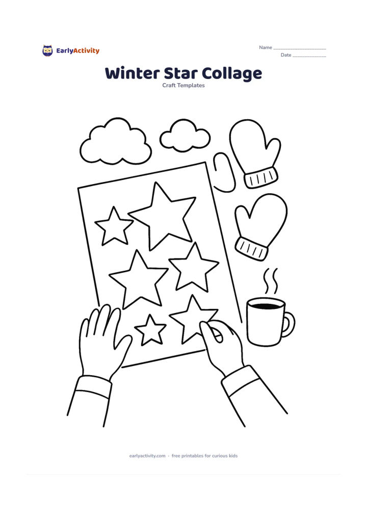 Worksheet: Show a child's hands arranging layered blank star outlines on a large sheet beside cottony cloud shapes, mittens and a warm mug. The stars should form an open collage with clear cut…
