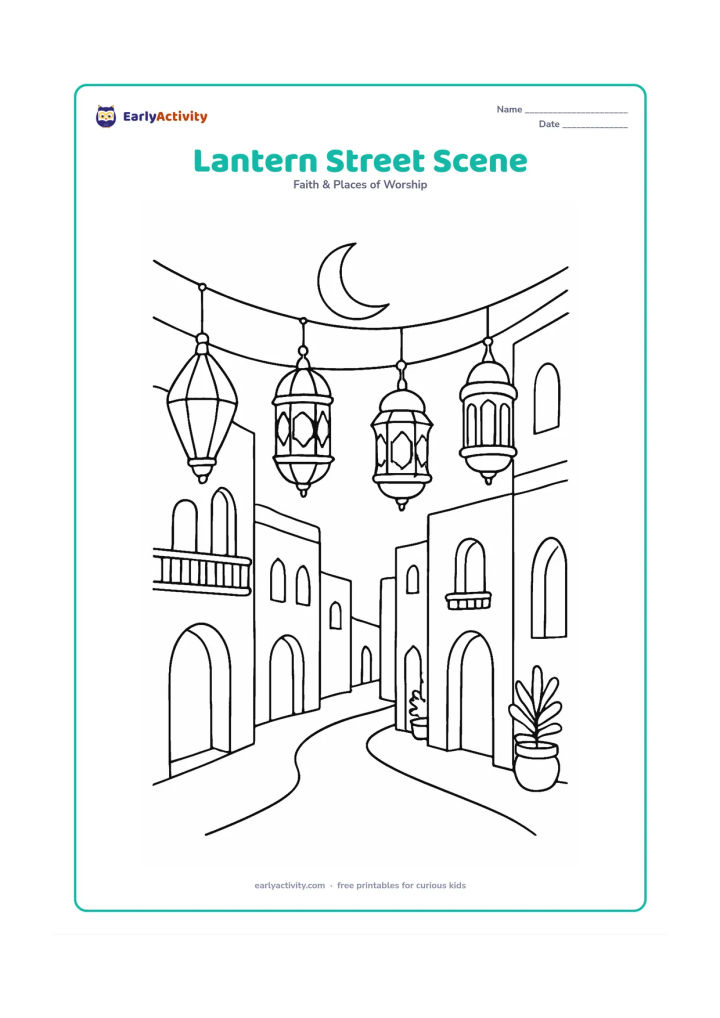 Colouring page: Several lanterns hang across a friendly narrow street with simple Indian balconies, arched doorways, potted plants, and a crescent moon overhead. Vary the lantern shapes while keeping…
