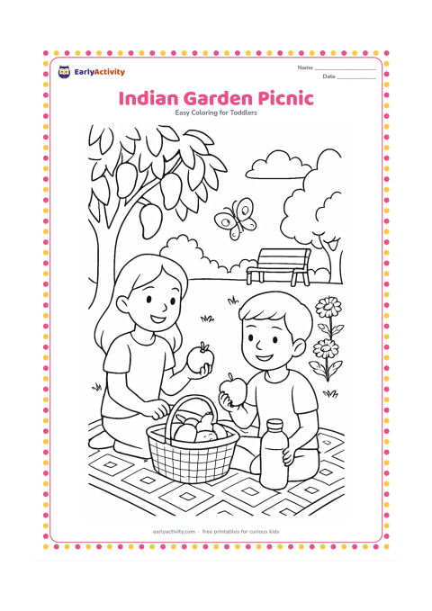 Colouring page: Two children sit on a patterned but spacious mat in a garden, sharing a basket of fruit and a round water bottle. Add a mango tree, marigold flowers, a butterfly and a distant park…