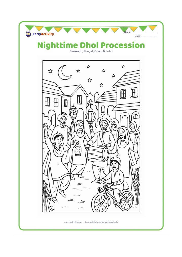 Colouring page: A lively but peaceful Baisakhi procession moves through a village street at night, led by dhol players and Punjabi dancers carrying plain decorative lanterns. Add families, wheat…
