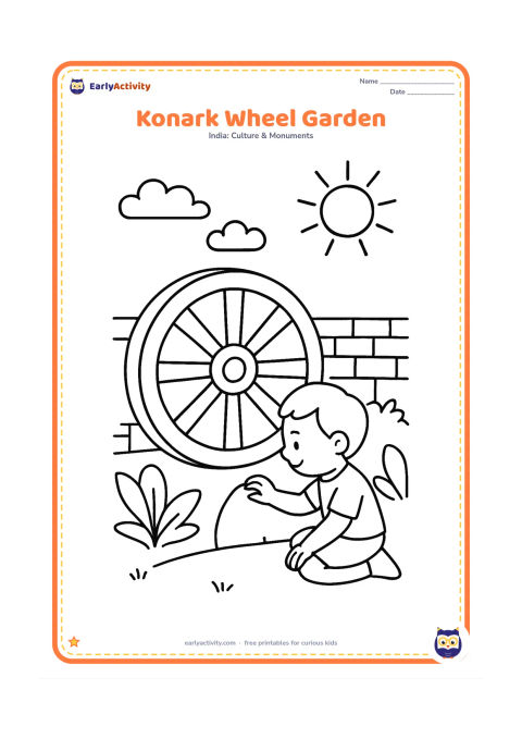 Colouring page: Show one large carved stone wheel from the Konark Sun Temple beside a low temple wall, with a child tracing the wheel shape in a garden. Add two broad-leaf plants and a sunny sky.