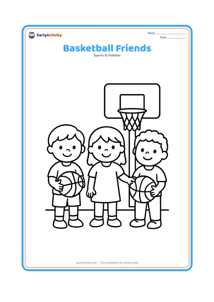 Colouring page: Three cheerful children stand in a row, each holding or touching one basketball, with a low hoop behind them. Keep the court nearly empty.