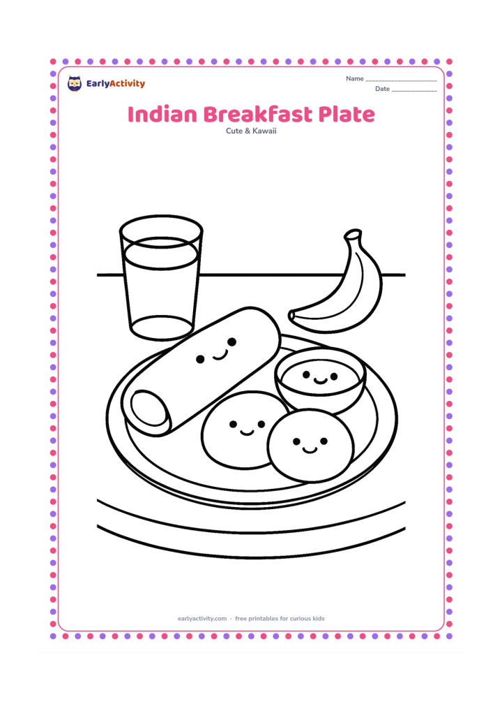 Colouring page: Draw a cheerful plate with a dosa, a small bowl of chutney and two idlis, each with a simple friendly face. Place the plate on a kitchen table with a water tumbler and a banana beside it.