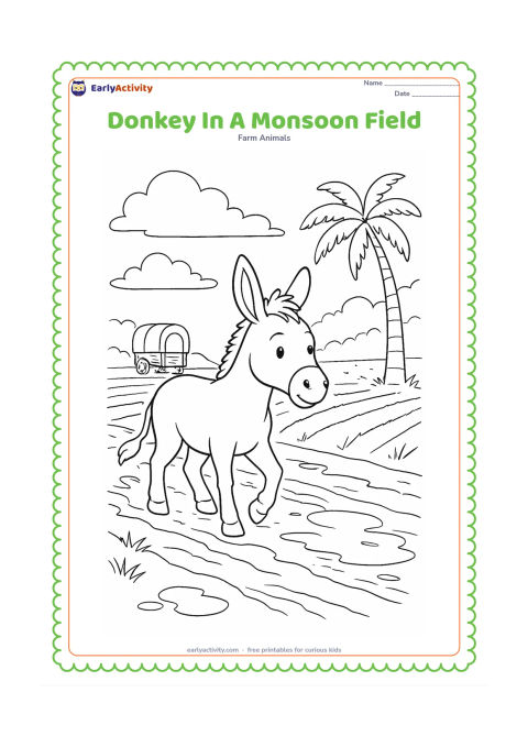 Colouring page: A donkey walks along a muddy farm track after rain, with rice fields, puddles, a palm tree and layered clouds in the background. Include a simple covered cart far behind the donkey.