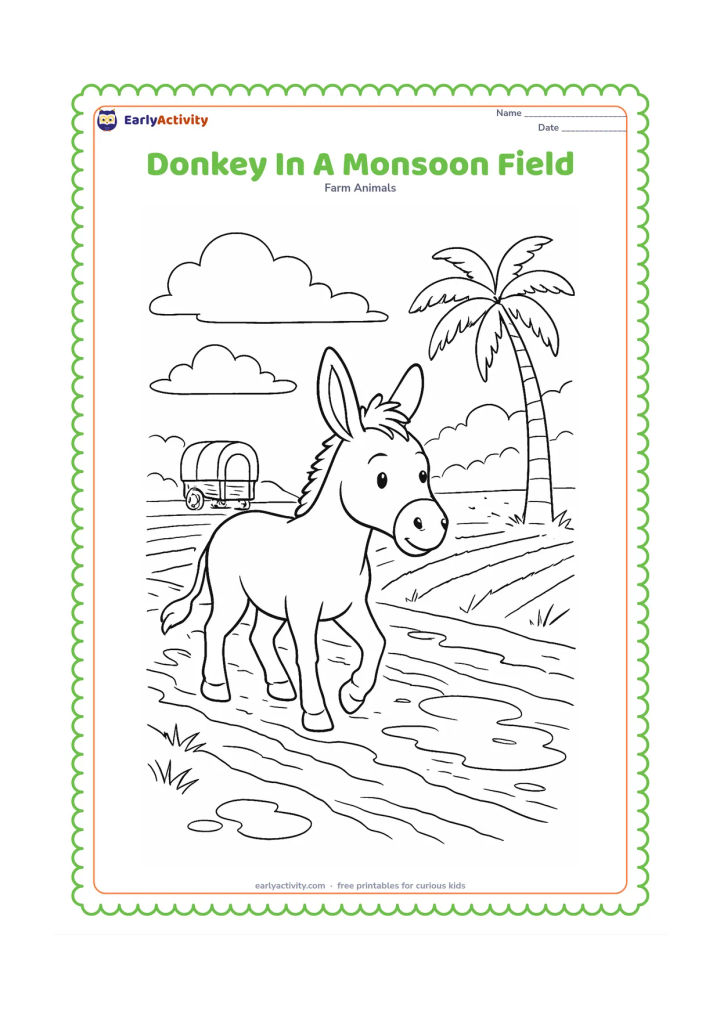 Colouring page: A donkey walks along a muddy farm track after rain, with rice fields, puddles, a palm tree and layered clouds in the background. Include a simple covered cart far behind the donkey.