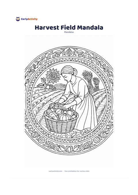 Colouring page: Create a circular mandala with an adult gathering vegetables into a woven basket in a field, surrounded by rows of crops, sunflowers, sheaves and curved furrow patterns. Build the outer…