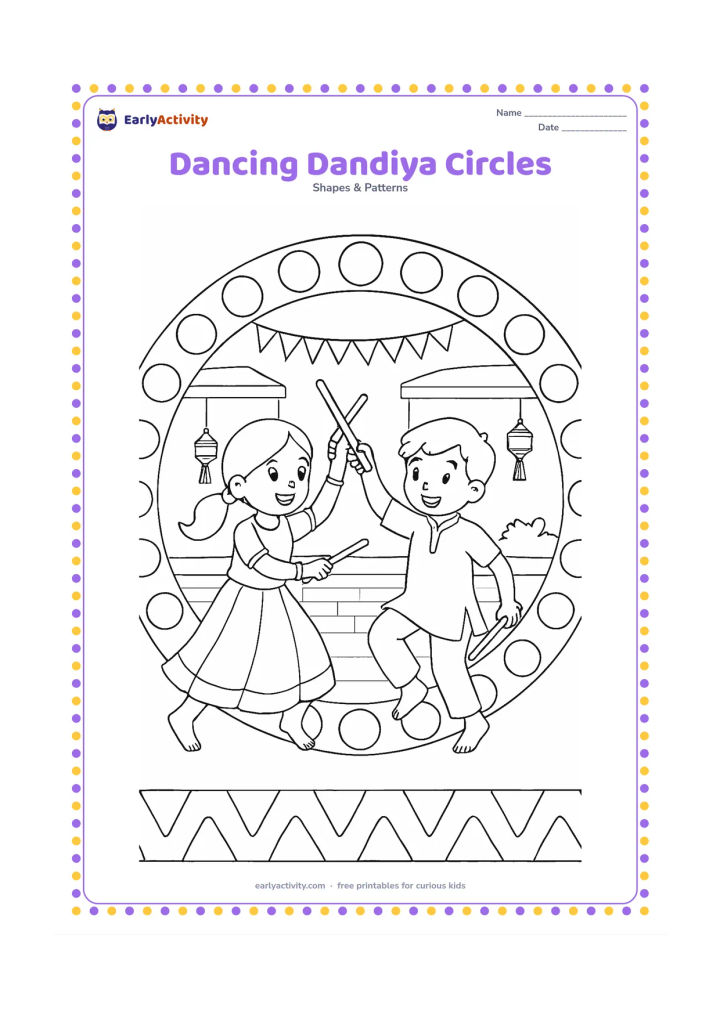 Colouring page: Draw two children dancing with short dandiya sticks in a circular arrangement, surrounded by a repeating ring of large circles and triangles. Add a simple open community courtyard with a…
