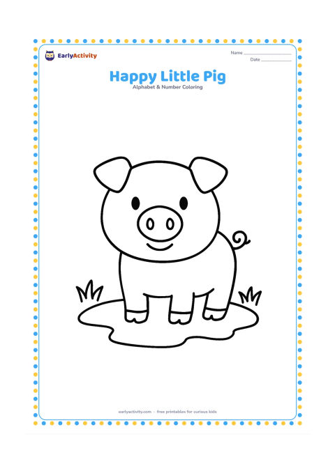Colouring page: Draw a cheerful pig standing in a simple puddle, facing forward with a curly tail and large friendly features. Add two small tufts of grass.