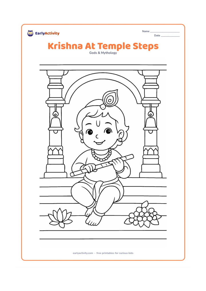 Colouring page: Baby Krishna sits on broad temple steps holding a flute, with two decorated pillars, hanging bells and flower offerings around him. Keep the temple setting respectful, open and welcoming.