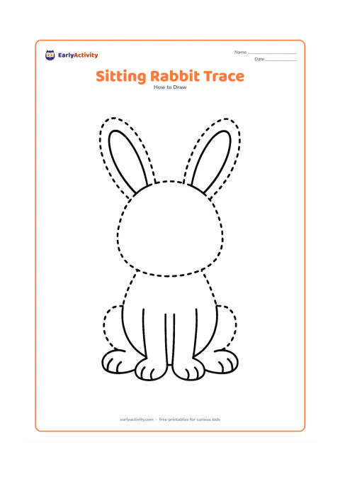 Worksheet: Show a front-facing sitting rabbit with a large dotted outer outline, round head, tall ears, oval body, simple paws and fluffy tail. Keep the rabbit centered with no background objects.