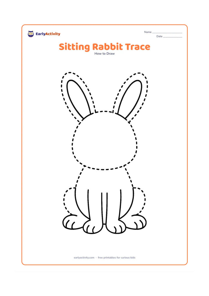 Worksheet: Show a front-facing sitting rabbit with a large dotted outer outline, round head, tall ears, oval body, simple paws and fluffy tail. Keep the rabbit centered with no background objects.
