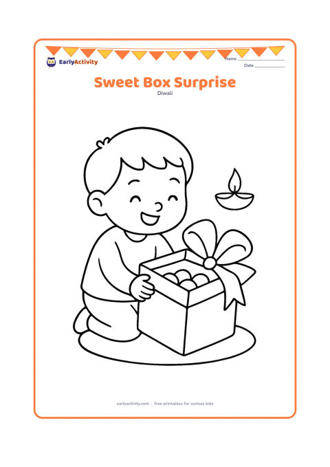 Colouring page: Draw a young child opening a large gift box filled with a few round sweets, with a large bow on the lid beside it. Add a simple floor cushion and one diya in the background.