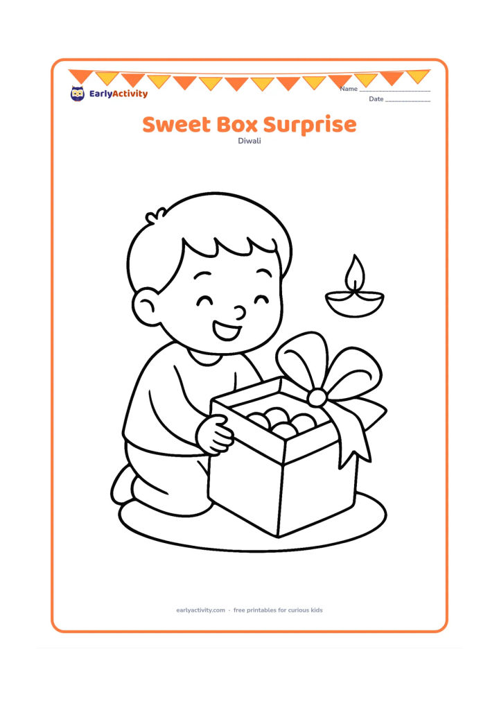 Colouring page: Draw a young child opening a large gift box filled with a few round sweets, with a large bow on the lid beside it. Add a simple floor cushion and one diya in the background.