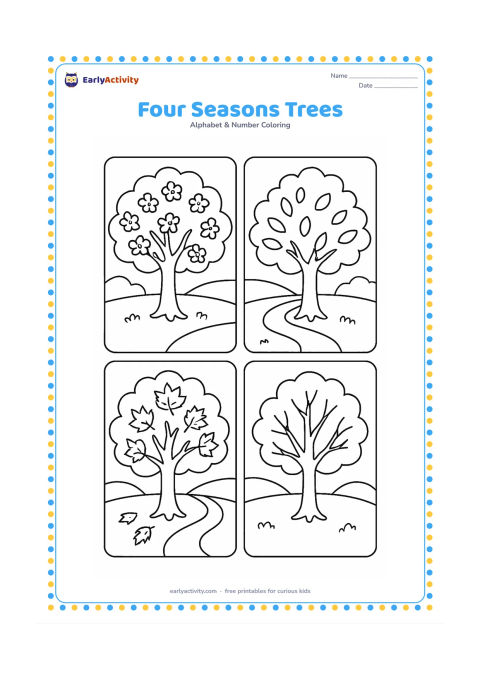 Colouring page: Draw exactly four small trees in four adjoining landscape panels, showing spring blossoms, summer leaves, autumn leaves and winter branches. Add a simple path connecting the panels and…