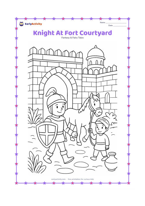 Colouring page: A knight walks through the courtyard of an Indian-inspired stone fort carrying a shield, while a friendly stable helper leads a horse nearby. Include an arched passage, a water pot, and…