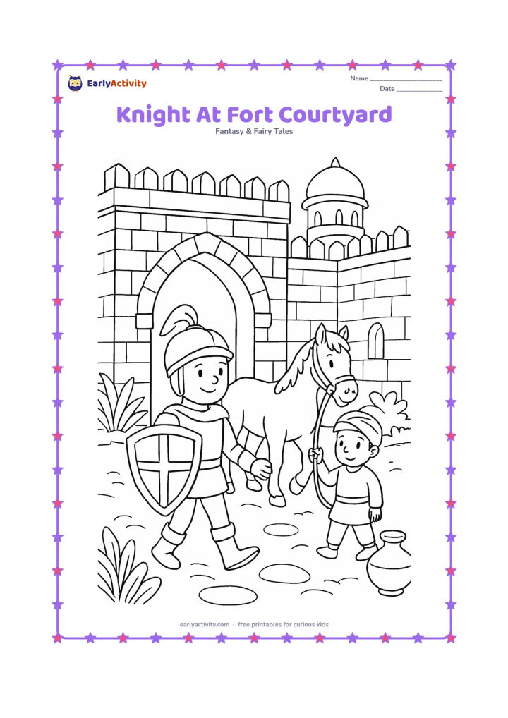 Colouring page: A knight walks through the courtyard of an Indian-inspired stone fort carrying a shield, while a friendly stable helper leads a horse nearby. Include an arched passage, a water pot, and…