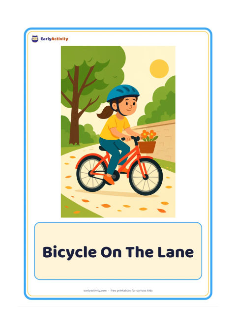Flashcard: Draw a child riding a bicycle along a quiet tree-lined lane in the early morning, with a small basket holding flowers. Include a boundary wall and fallen leaves.