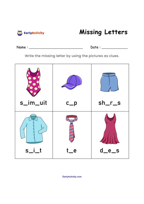Worksheet showing six clothing pictures with incomplete words: swimsuit, cap, shorts, shirt, tie and dress.