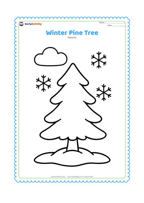 Colouring page: A single pine tree stands in snow with rounded layers of branches and a small mound at its base. Add three large snowflakes and a simple winter cloud.