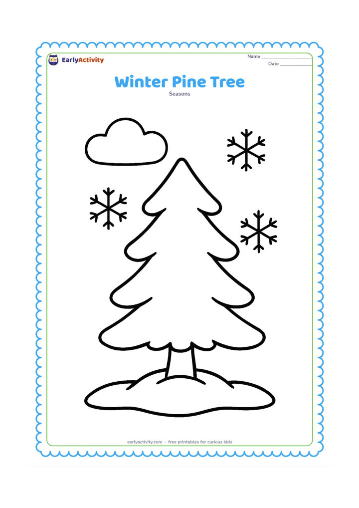 Colouring page: A single pine tree stands in snow with rounded layers of branches and a small mound at its base. Add three large snowflakes and a simple winter cloud.