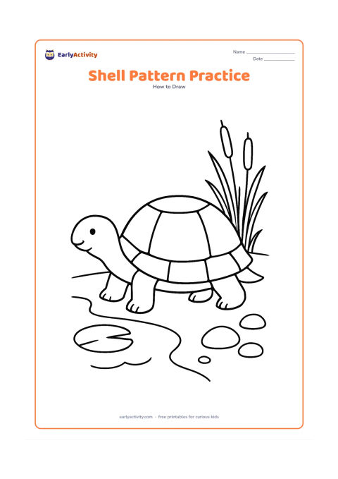 Worksheet: Show a side-view turtle with a large empty shell divided into broad sections for children to fill with their own patterns. Place it beside a pond with reeds, a lily pad and three stones.