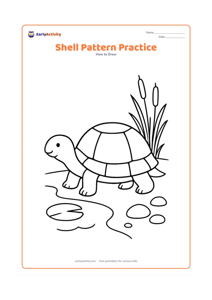 Worksheet: Show a side-view turtle with a large empty shell divided into broad sections for children to fill with their own patterns. Place it beside a pond with reeds, a lily pad and three stones.