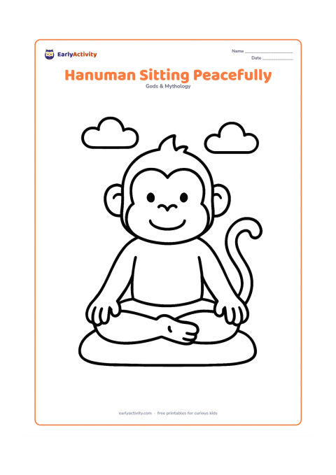 Colouring page: Hanuman sits cross-legged with his hands resting on his knees and his tail curled beside him. Add two simple clouds and a small cushion-like mat beneath him.