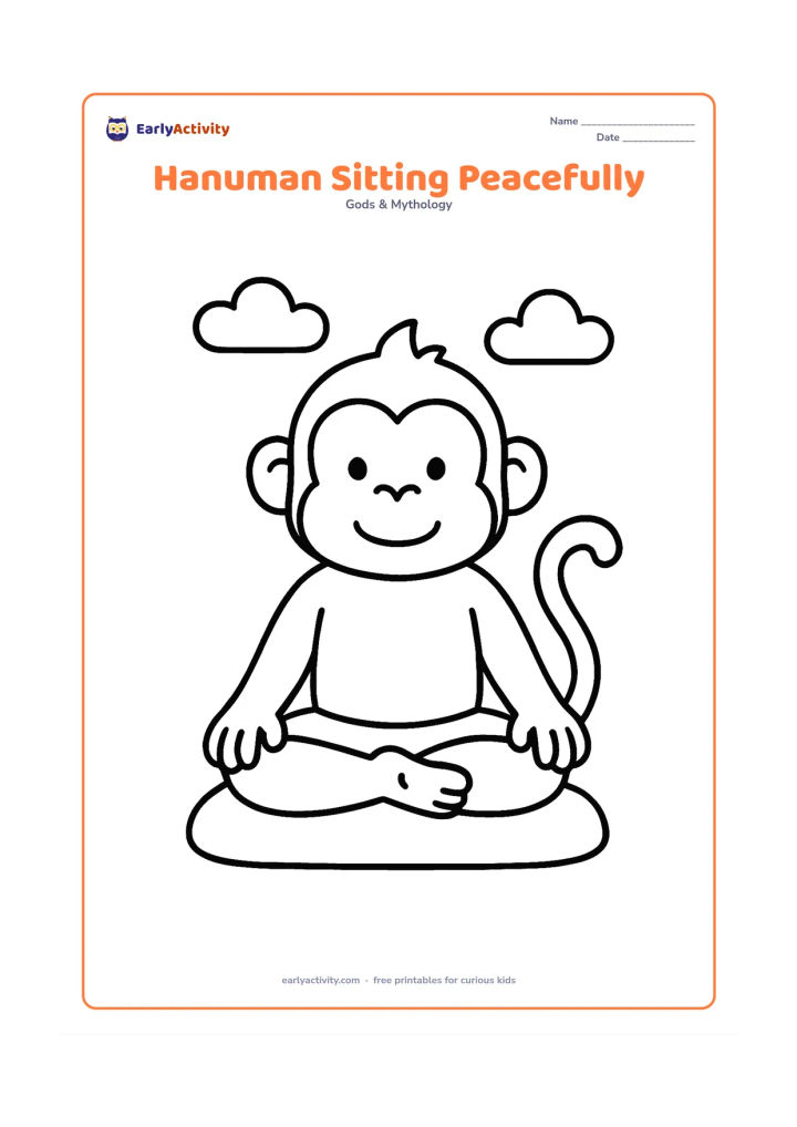 Colouring page: Hanuman sits cross-legged with his hands resting on his knees and his tail curled beside him. Add two simple clouds and a small cushion-like mat beneath him.