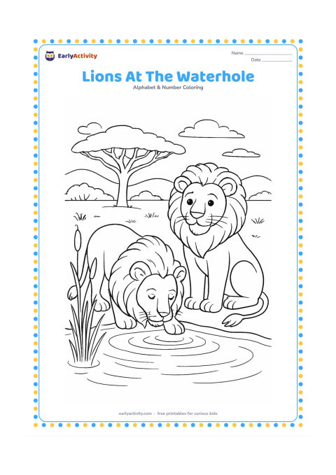 Colouring page: Draw two friendly lions at a savanna waterhole, one drinking and one sitting nearby, with reeds, a broad acacia tree, distant hills and reflected ripples. Give each lion a clearly…