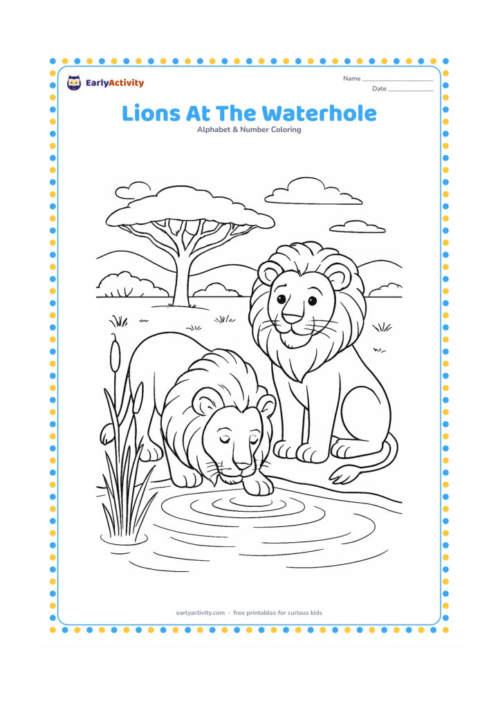 Colouring page: Draw two friendly lions at a savanna waterhole, one drinking and one sitting nearby, with reeds, a broad acacia tree, distant hills and reflected ripples. Give each lion a clearly…