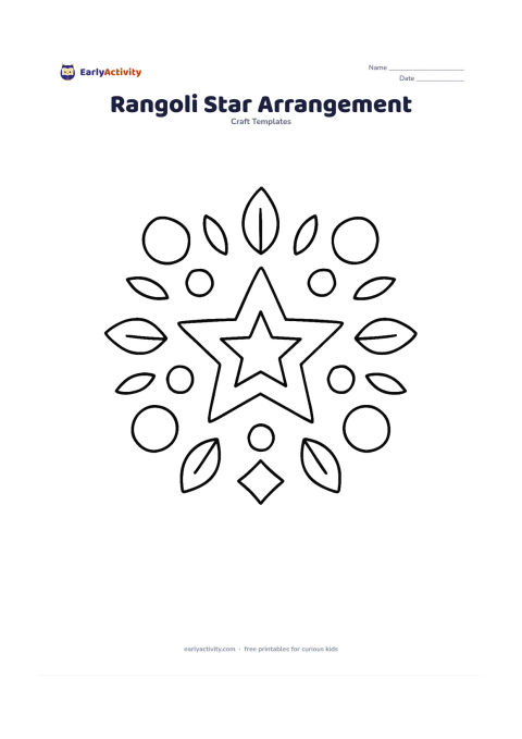 Worksheet: Create a symmetrical floor decoration built from blank star outlines, circles, leaves and small diamond shapes arranged around a central star. Keep each component visibly separate for…