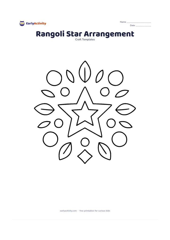 Worksheet: Create a symmetrical floor decoration built from blank star outlines, circles, leaves and small diamond shapes arranged around a central star. Keep each component visibly separate for…