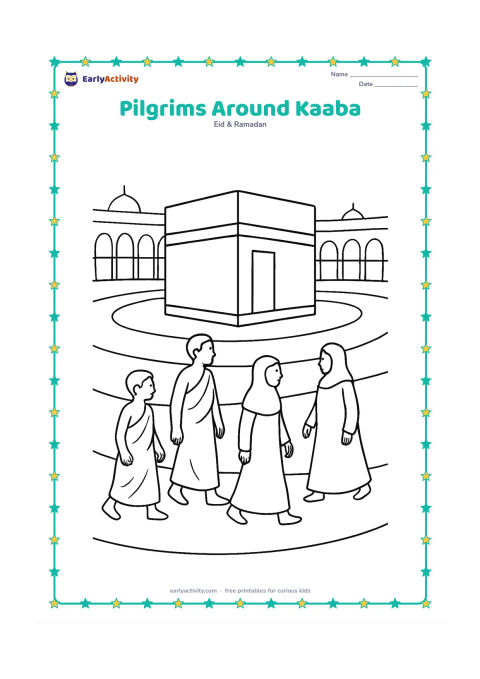 Colouring page: Several diverse pilgrims move calmly around the Kaaba in Makkah, seen from a slightly raised viewpoint, with curved walkway lines and distant mosque arches. Vary the pilgrims' clothing…