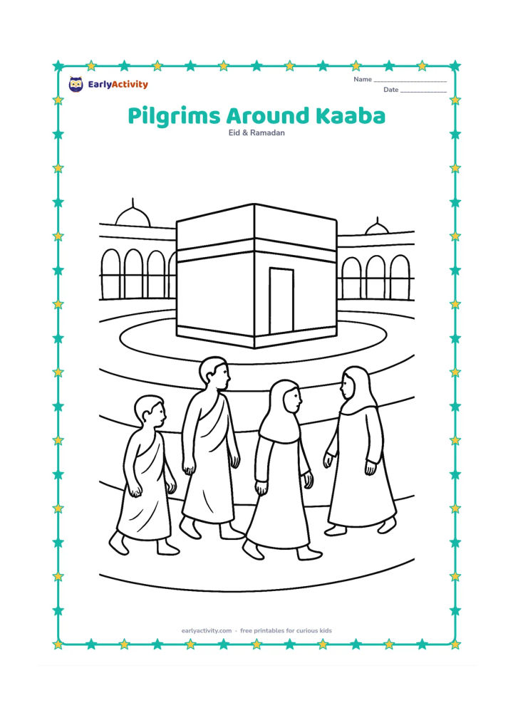 Colouring page: Several diverse pilgrims move calmly around the Kaaba in Makkah, seen from a slightly raised viewpoint, with curved walkway lines and distant mosque arches. Vary the pilgrims' clothing…