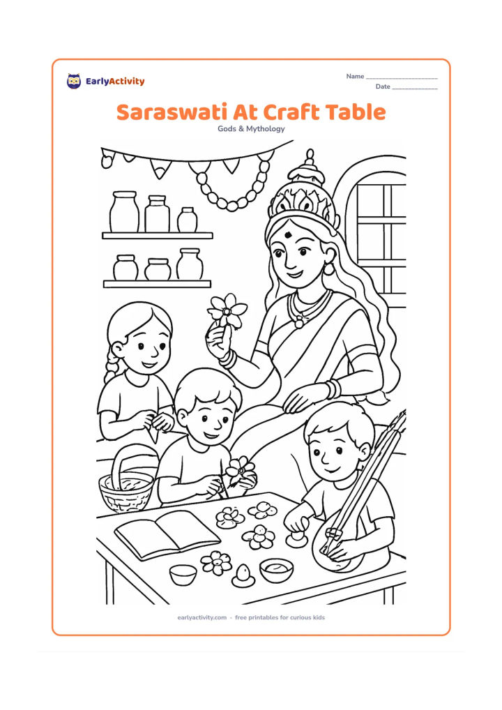 Colouring page: Saraswati helps three children create paper flowers and clay shapes at a low table, with a blank book and veena nearby. Add shelves of unmarked craft materials, hanging garlands, a woven…