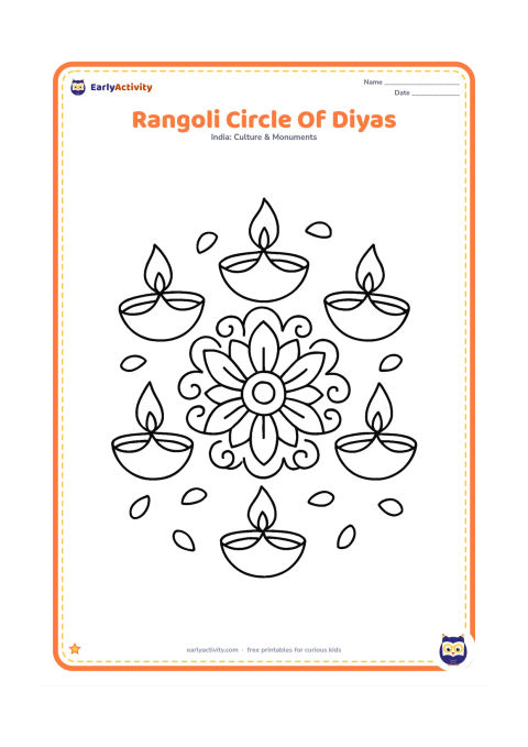 Colouring page: Six lit diyas form a circle around a medium-sized rangoli of petals and curved lines, viewed from above with a few scattered flower petals.
