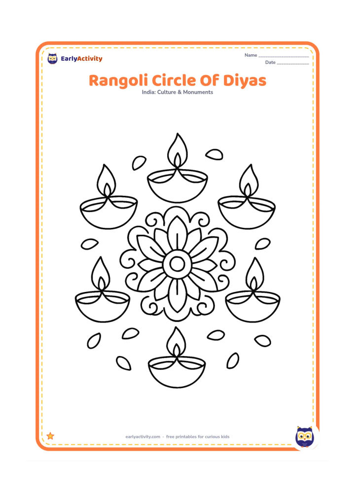 Colouring page: Six lit diyas form a circle around a medium-sized rangoli of petals and curved lines, viewed from above with a few scattered flower petals.