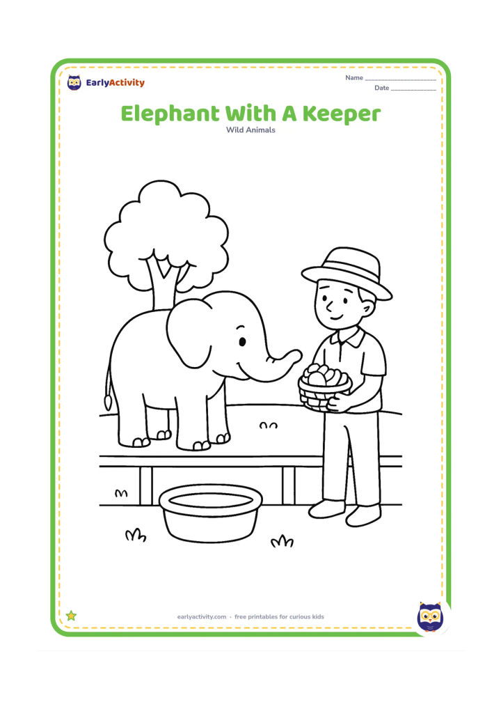 Colouring page: A calm elephant reaches its trunk toward a zoo keeper holding a small basket of suitable fruit outside the enclosure. Include a low fence, a water tub and a leafy tree, with the keeper…