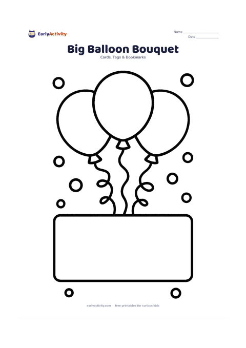 Worksheet: Show three oversized balloons tied together with curling ribbons, with a large blank panel below for a birthday message. Add a few large confetti circles around the edges, leaving plenty…