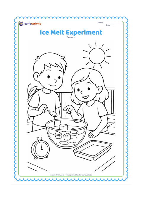 Colouring page: Draw two children observing ice cubes melting in a clear bowl on a sunny balcony, with one child holding a spoon and the other pointing toward the water. Include a shaded plant, a sunlit…