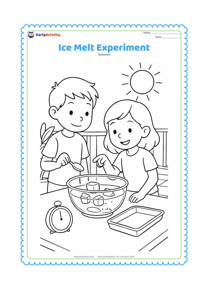 Colouring page: Draw two children observing ice cubes melting in a clear bowl on a sunny balcony, with one child holding a spoon and the other pointing toward the water. Include a shaded plant, a sunlit…
