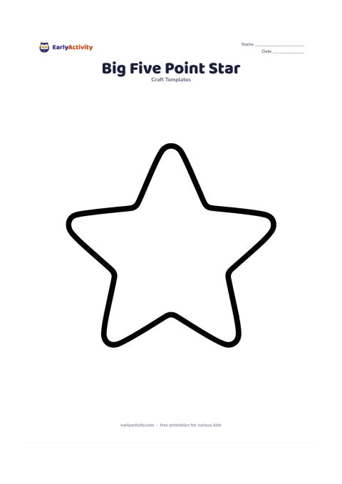 Worksheet: One very large five-point star outline fills the page, with thick rounded lines and a wide blank interior for colouring. Keep the background empty so the shape is easy for young children…