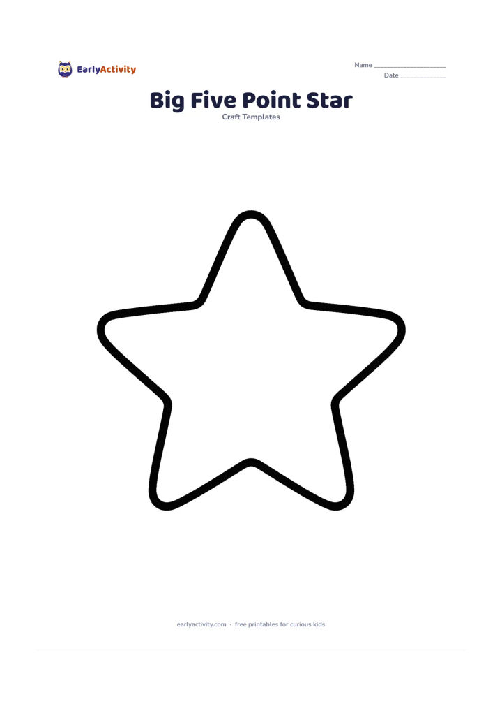 Worksheet: One very large five-point star outline fills the page, with thick rounded lines and a wide blank interior for colouring. Keep the background empty so the shape is easy for young children…
